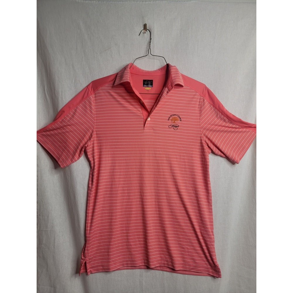 Greg Norman Men's Small Pink Blue Striped Golf Polo Shirt Kiawah Ocean Course